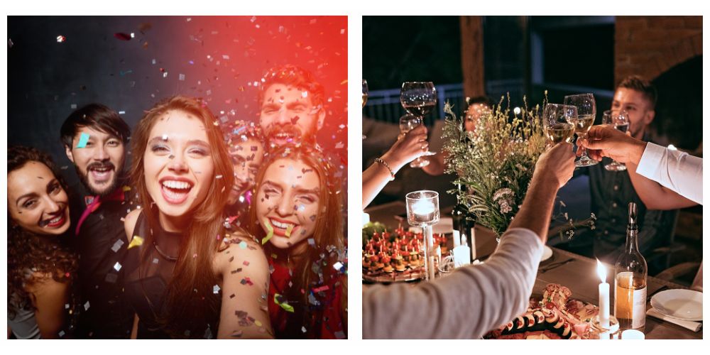 compleanno adulti ragazze e ragazzi che ballano e brindano